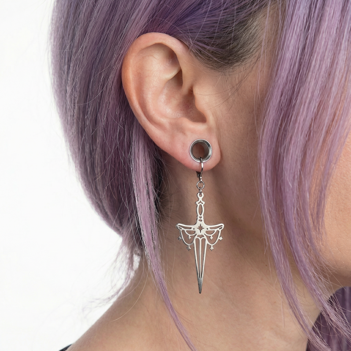 Athame dagger earrings, silver tone stainless steel Baguette Magick