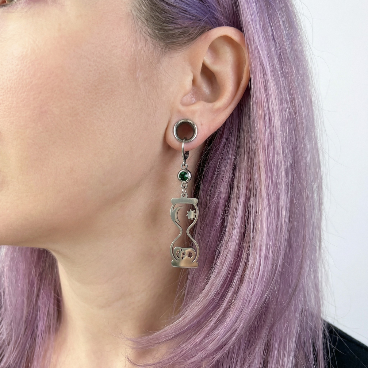 Celestial hourglass earrings with emerald green rhinestones Baguette Magick