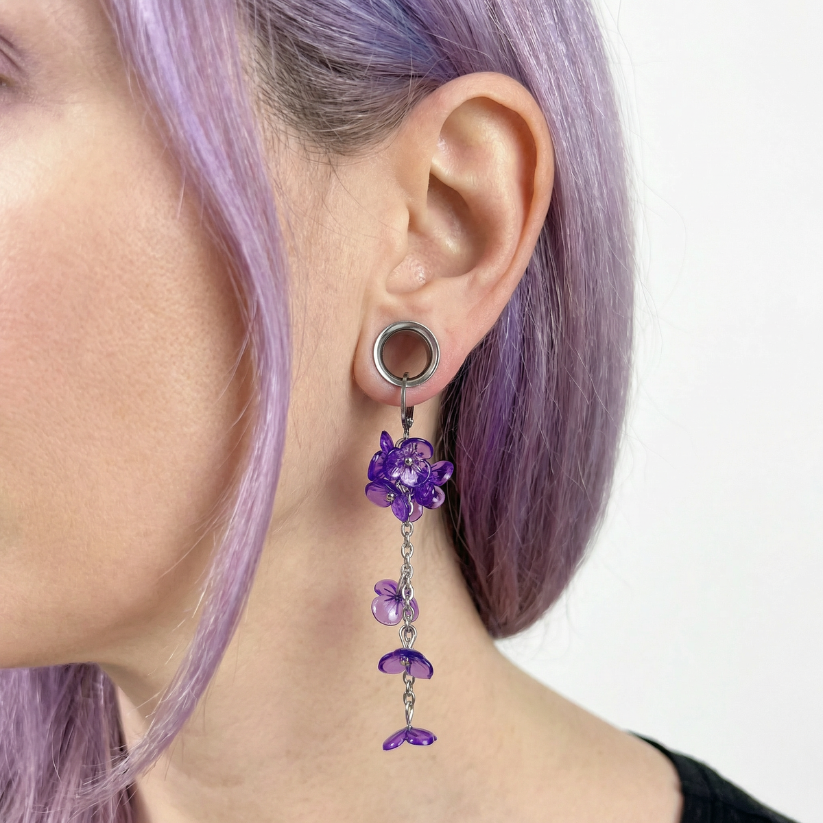 Purple orchid flowers dangle earrings, stainless steel Baguette Magick