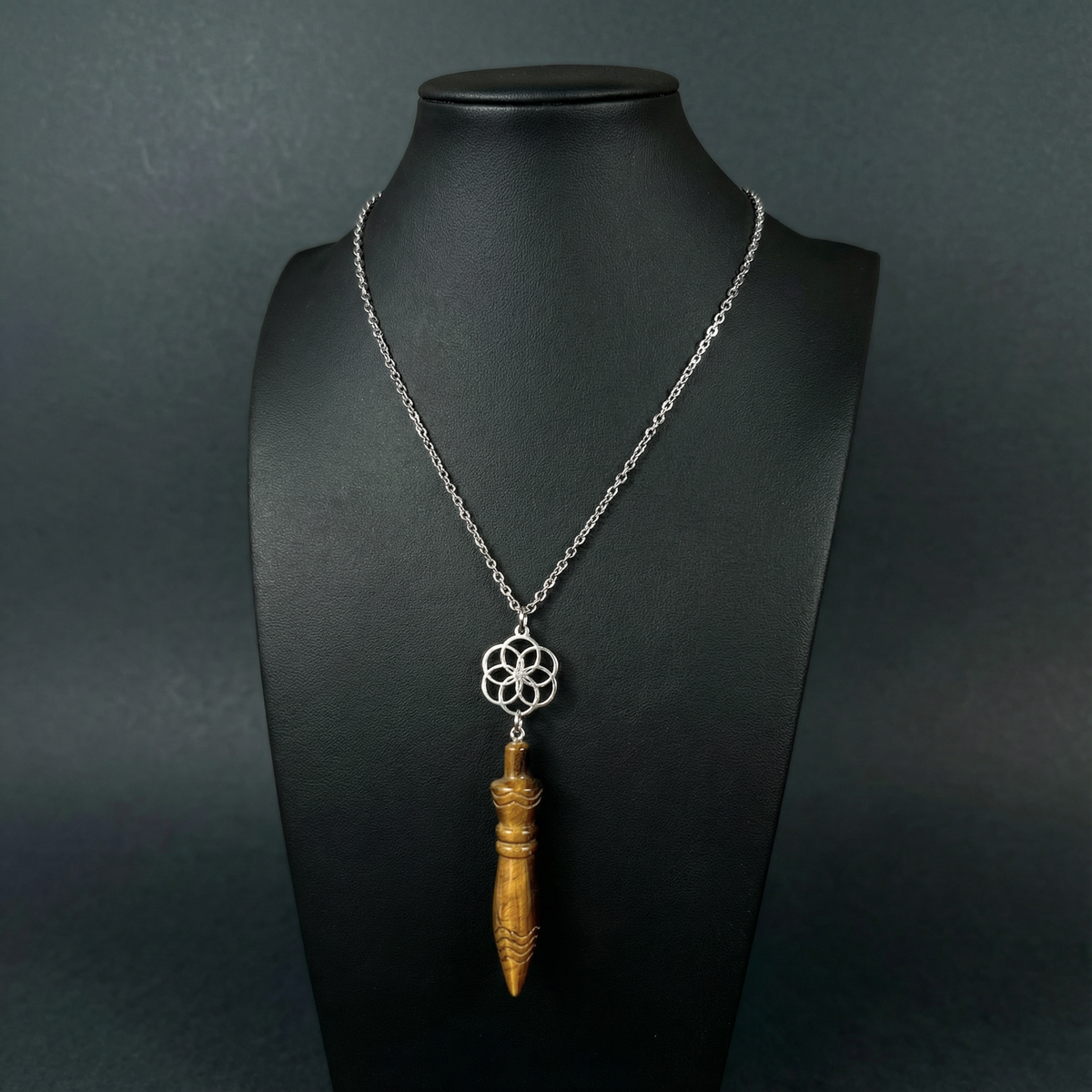 Engraved Egyptian Thot pendulum necklace, tiger's eye, flower of life