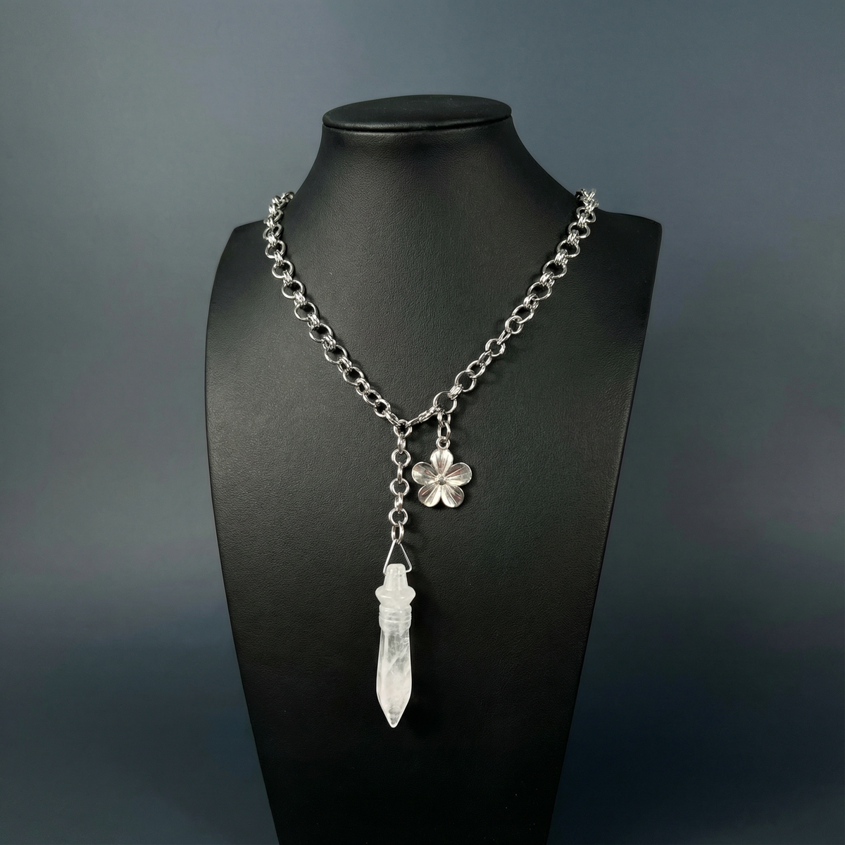 Quartz and flower Thot pendulum necklace, adjustable chain Baguette Magick