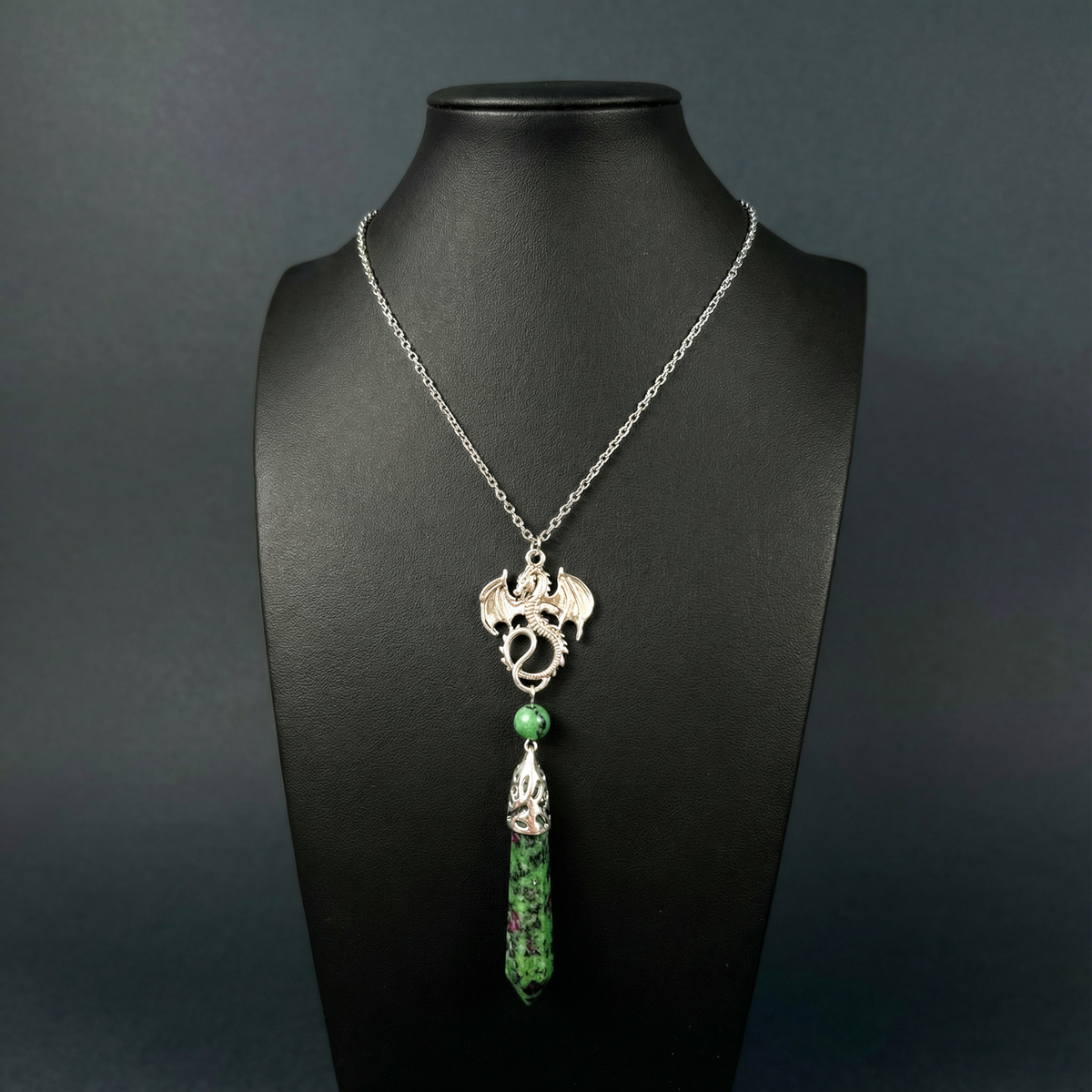 Dragon and Ruby Zoisite Anyolite pendulum necklace Baguette Magick