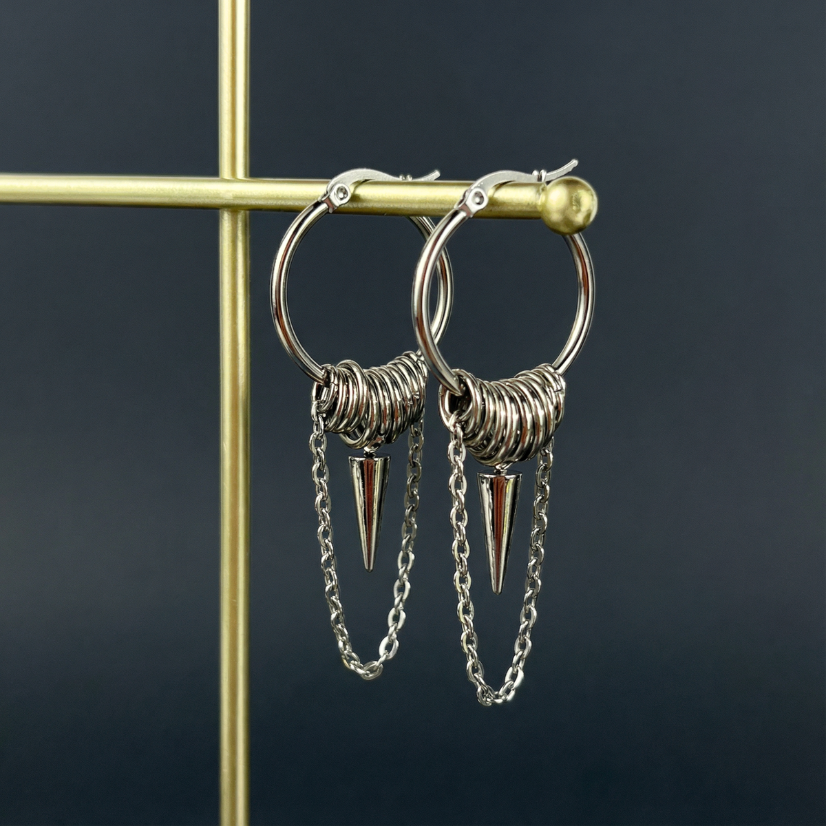 Big hoop earrings with jump rings, spike and chain, industrial style Baguette Magick