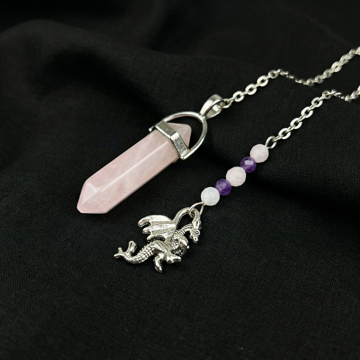 Pendule de radiesthésie dragon en quartz rose et améthyste