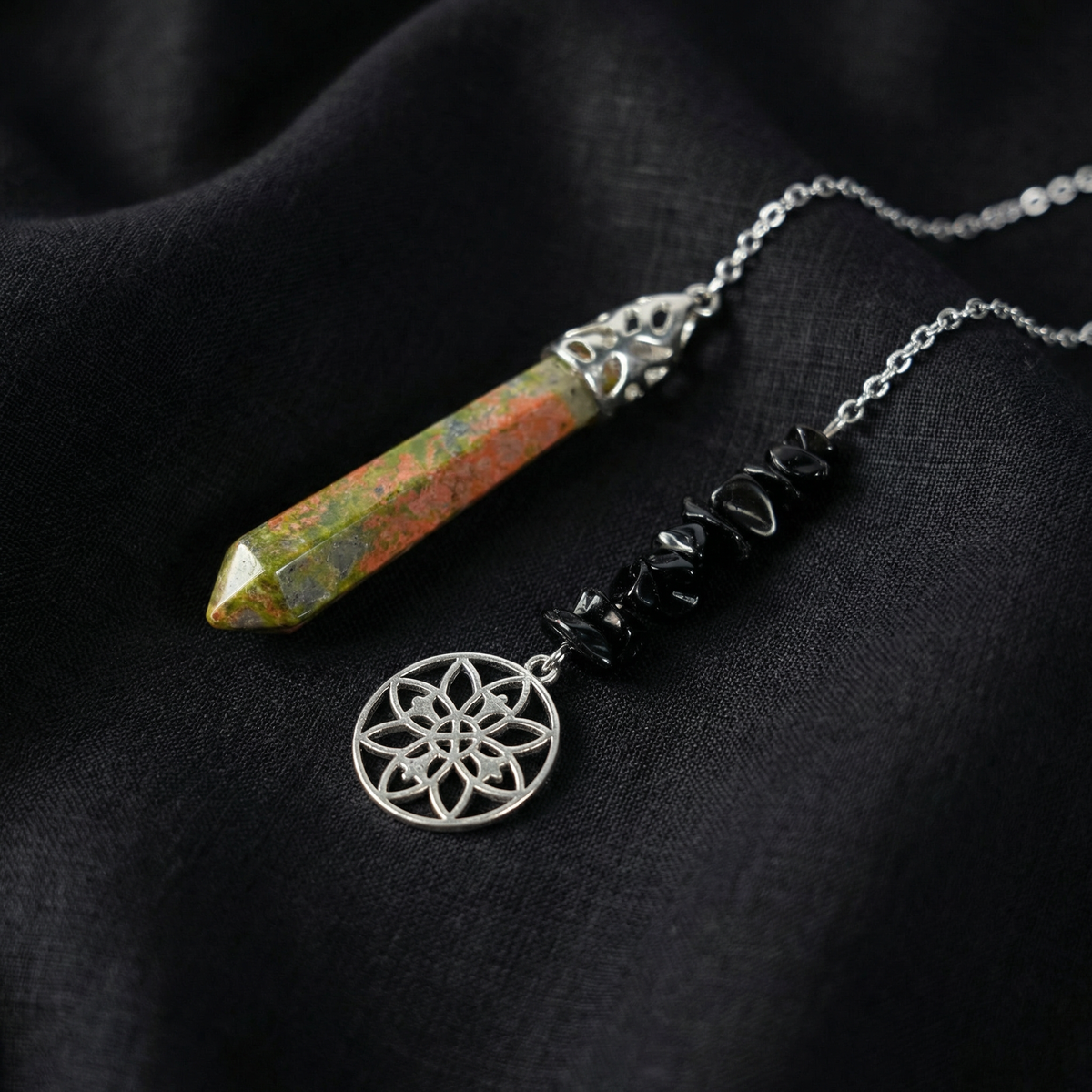 Pendule fleur géométrique perles unakite et obsidienne
