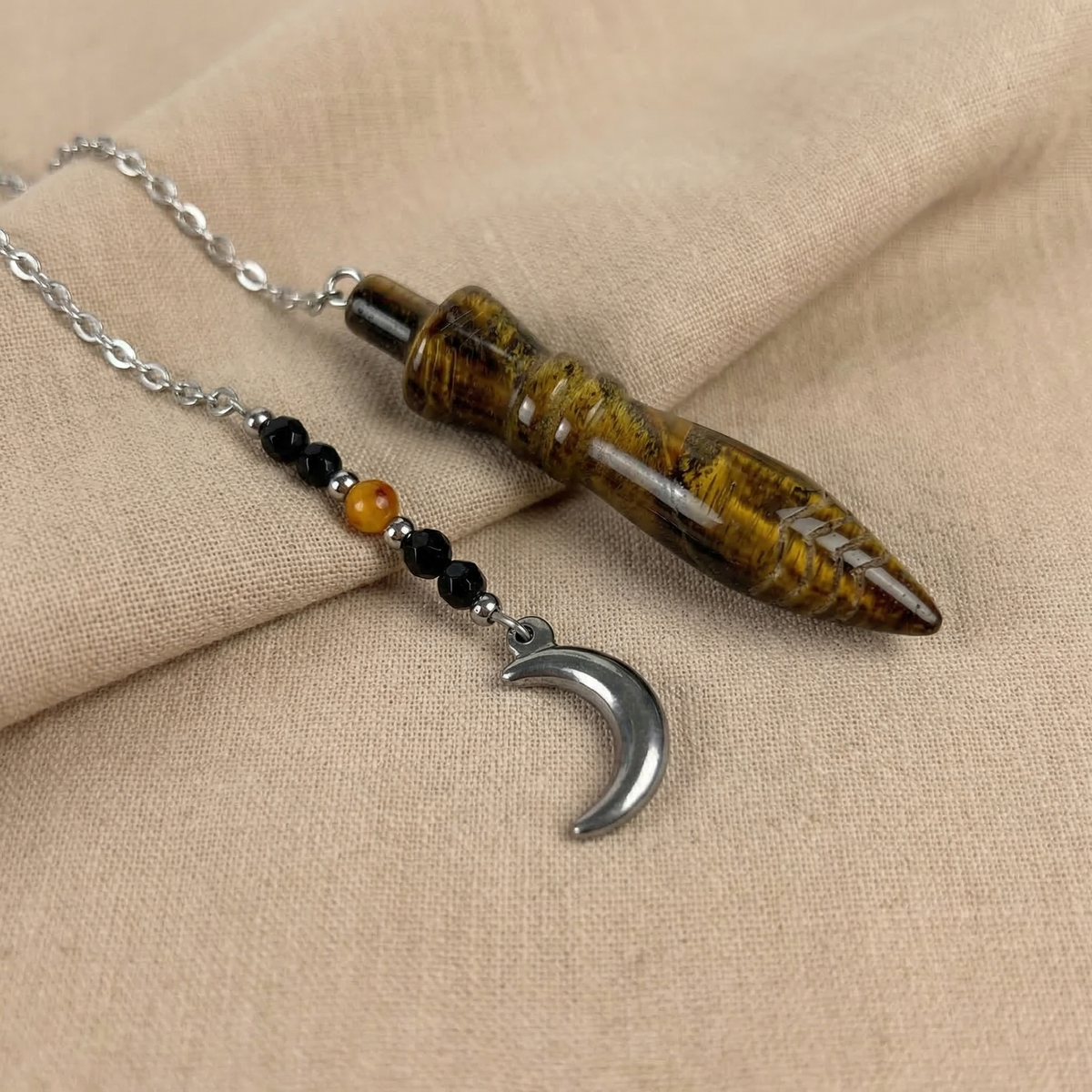 Engraved Egyptian Thot pendulum, tiger's eye, onyx, Moon crescent charm