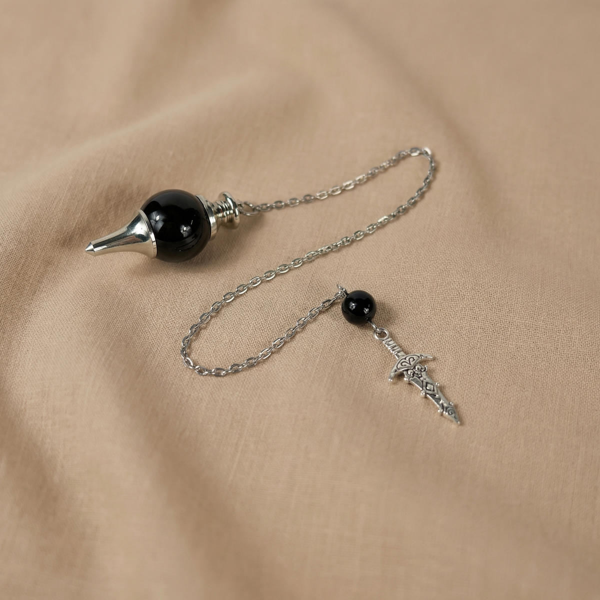 Pendule de radiesthésie Sephoroton agate noire, obsidienne et poignard