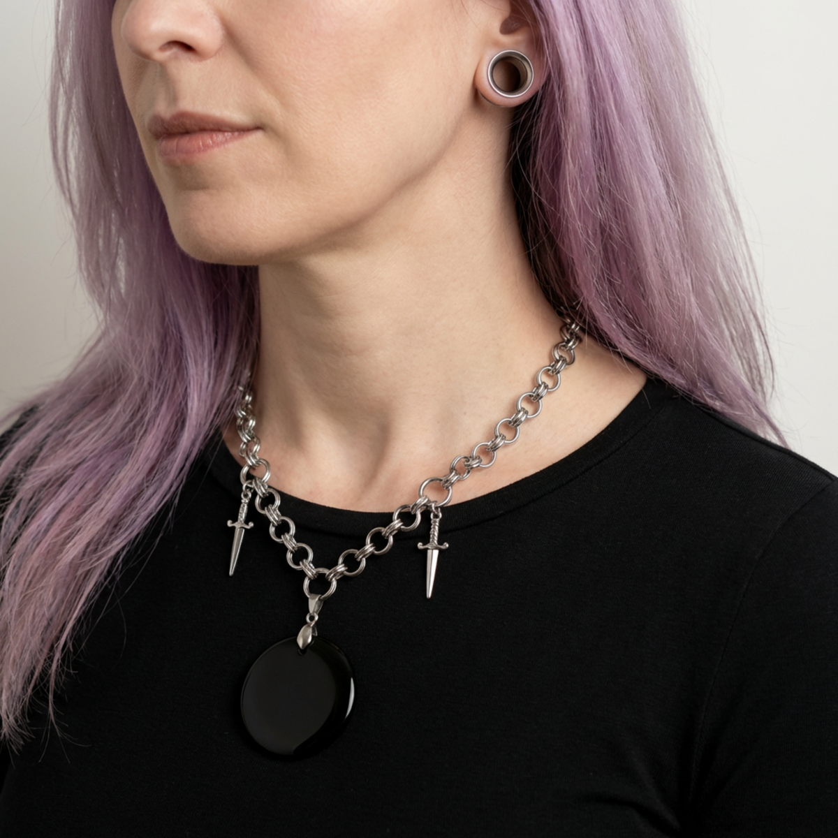 Obsidian black mirror necklace, scrying divination jewelry, athame daggers