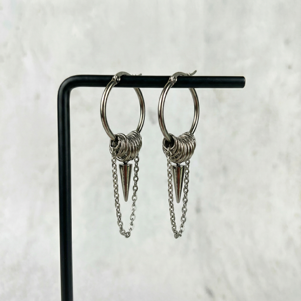 Big hoop earrings with jump rings, spike and chain, industrial style Baguette Magick
