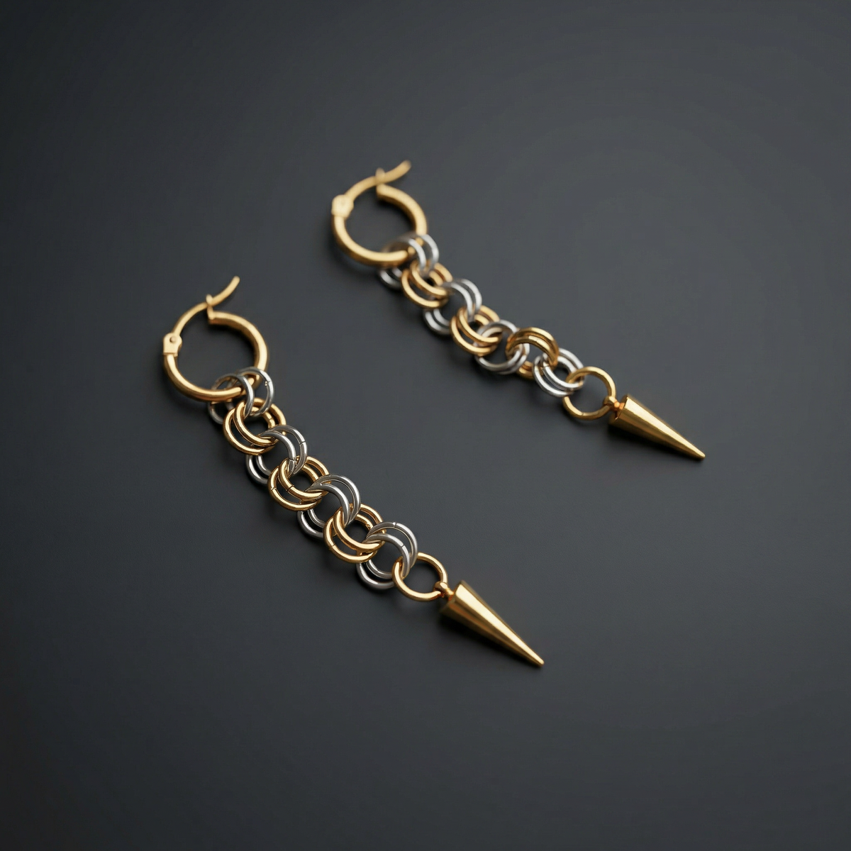 Silver and gold mixed metal chainmail earrings, hoops and spikes Baguette Magick