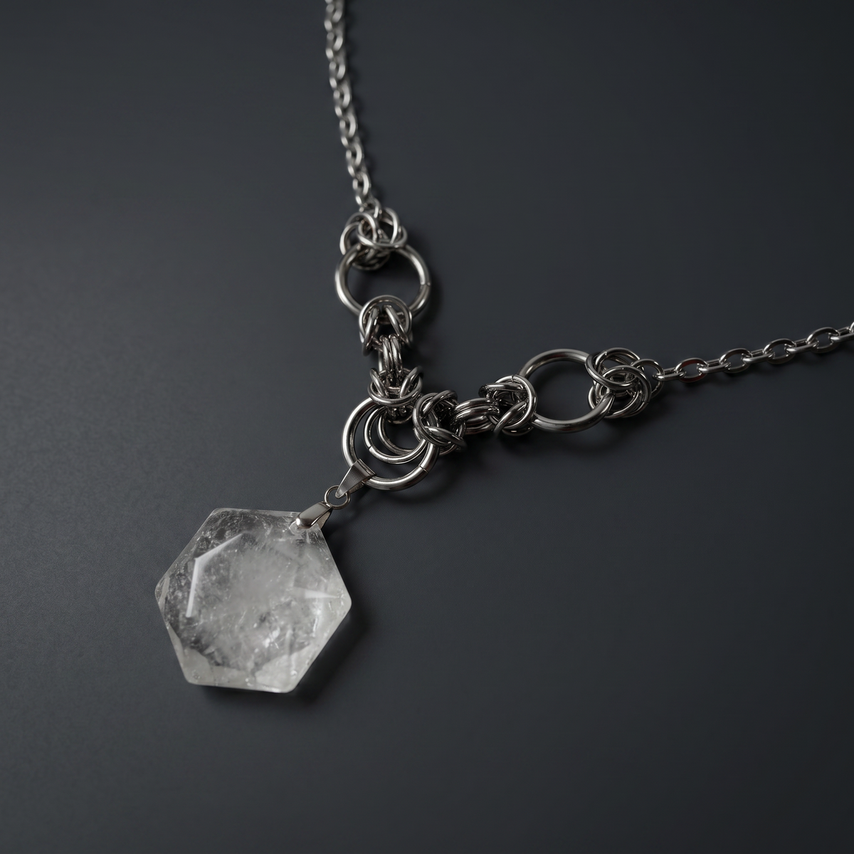 Quartz hexagram necklace with chainmail accents Baguette Magick