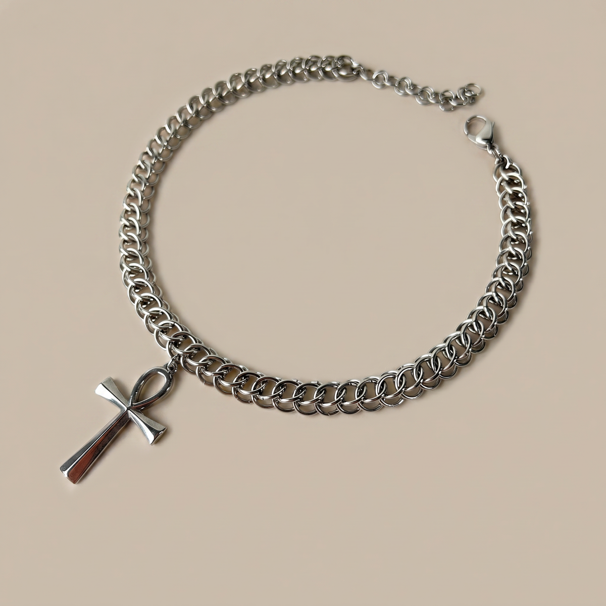Half Persian chainmail choker with an Ankh pendant, Egyptian cross, necklace