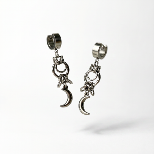 Celestial chainmail earrings, Byzantine weave and Moon crescent, stainless steel