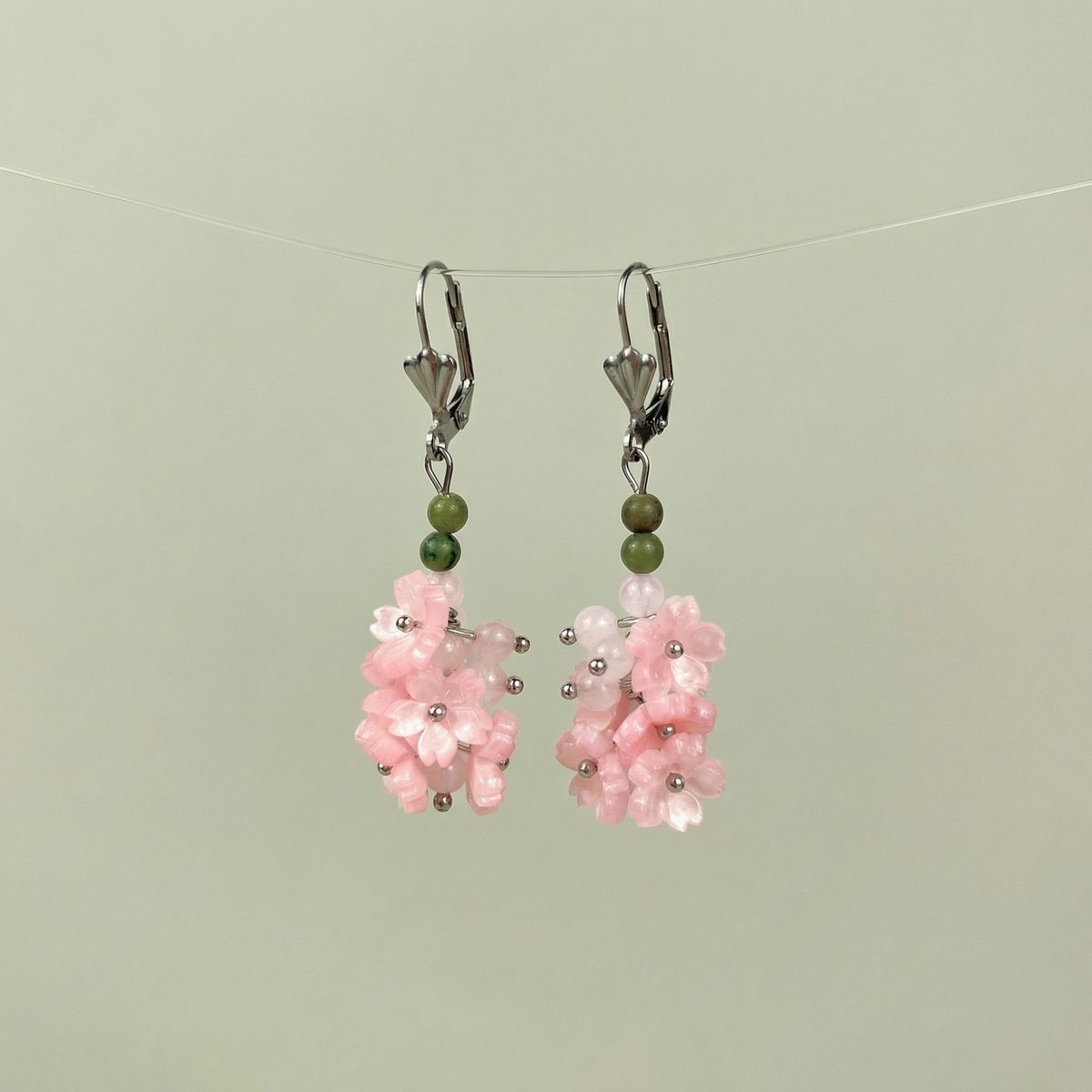 Sakura bloom dangle earrings: rose quartz, green jade, leverback