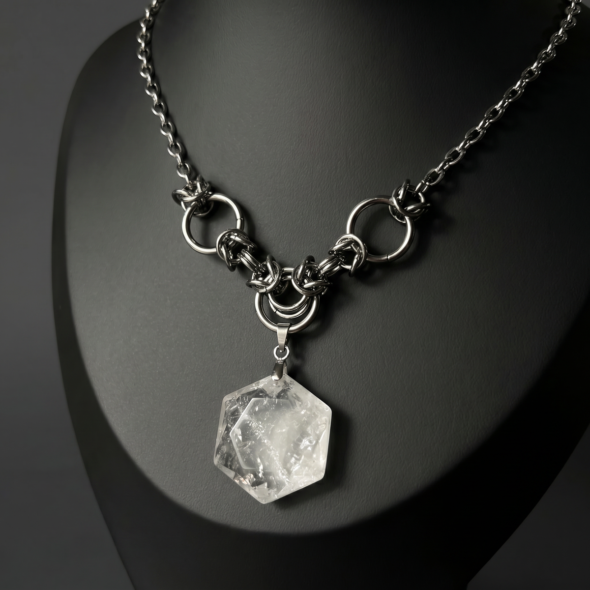 Quartz hexagram necklace with chainmail accents Baguette Magick