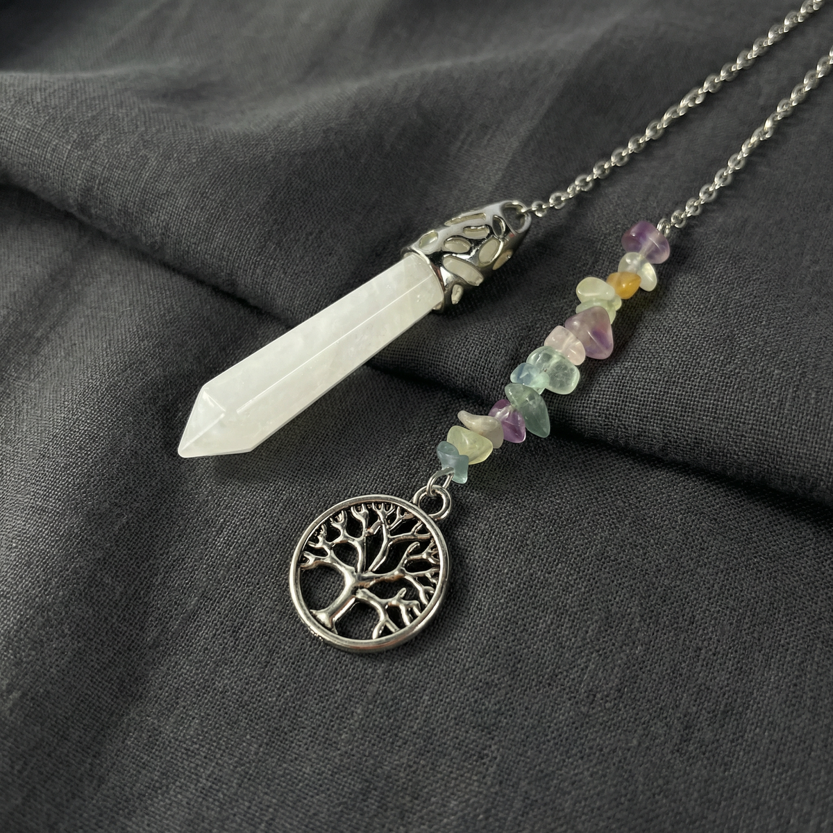 Pendule quartz clair, fluorite et arbre de vie