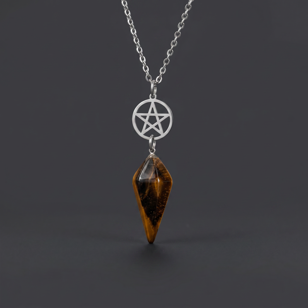 Collier pendule œil de tigre et pentacle