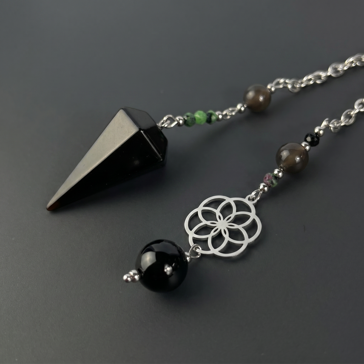 Obsidian, Ruby Zoisite & Onyx Dowsing Pendulum, with flower of life charm