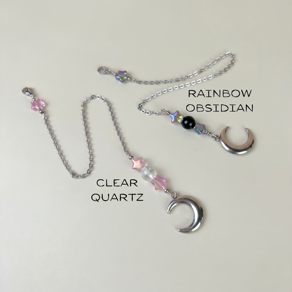 Cute pendulum chains, Stars, Rainbow Obsidian or Clear Quartz, Moon Crescent