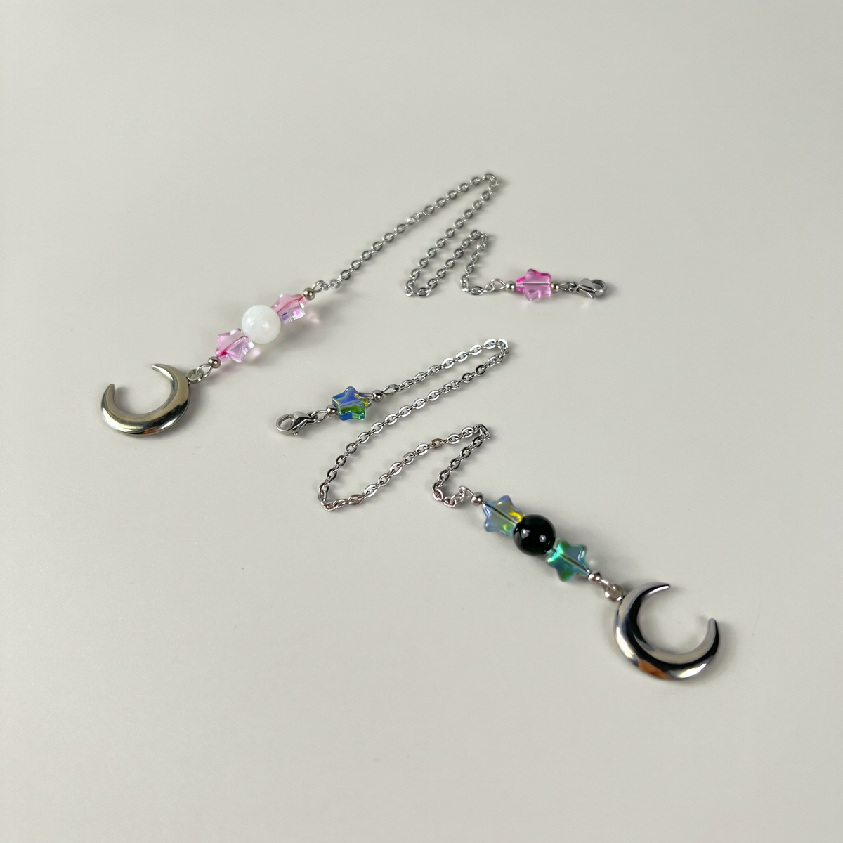 Cute pendulum chains, Stars, Rainbow Obsidian or Clear Quartz, Moon Crescent