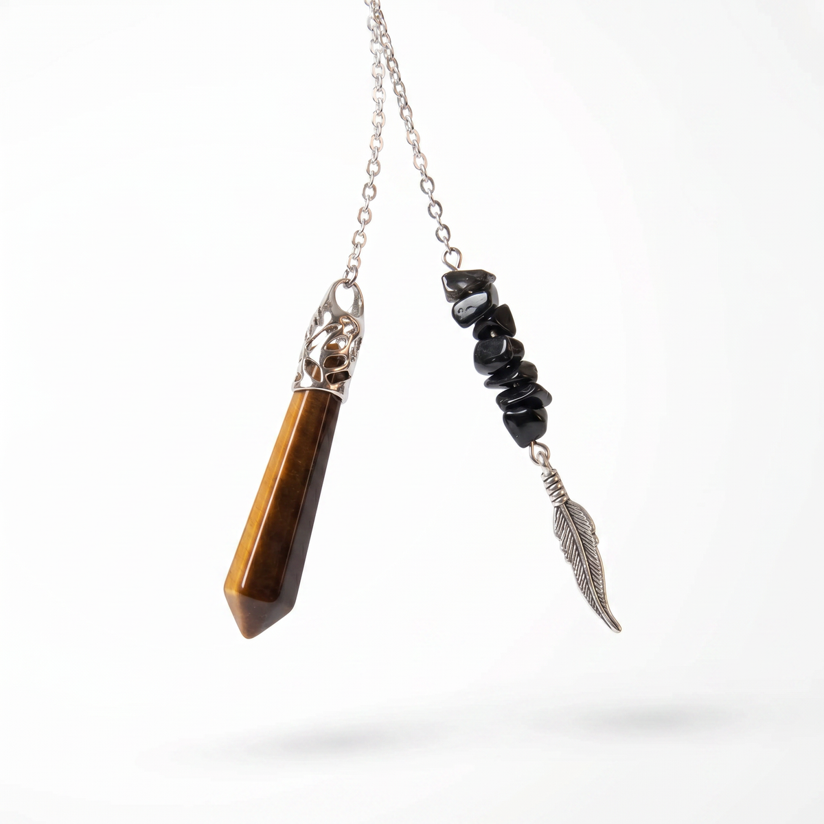 Tiger eye, obsidian and feather pendulum