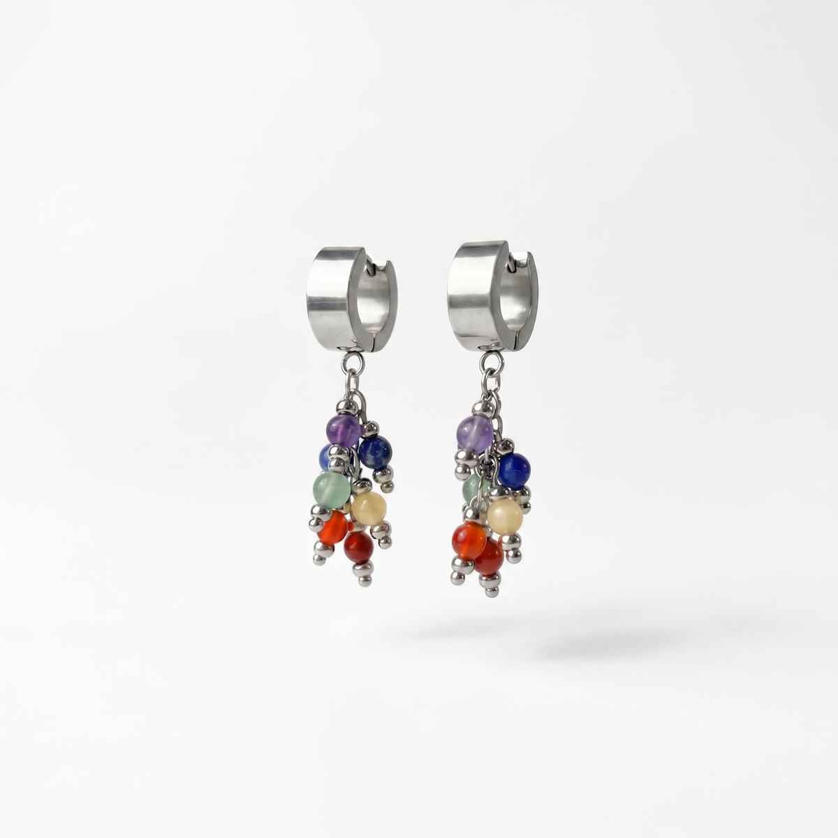 Seven chakra gemstone dangle earrings, crystal beads and stainless steel Baguette Magick