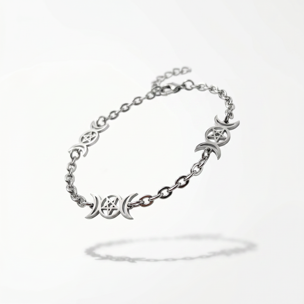 Bracelet triple lune et pentacle, bijou de sorcière wiccane, bracelet en acier inoxydable