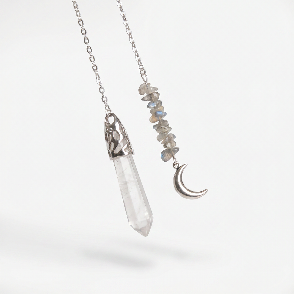 Clear quartz and labradorite Moon crescent dowsing pendulum Baguette Magick