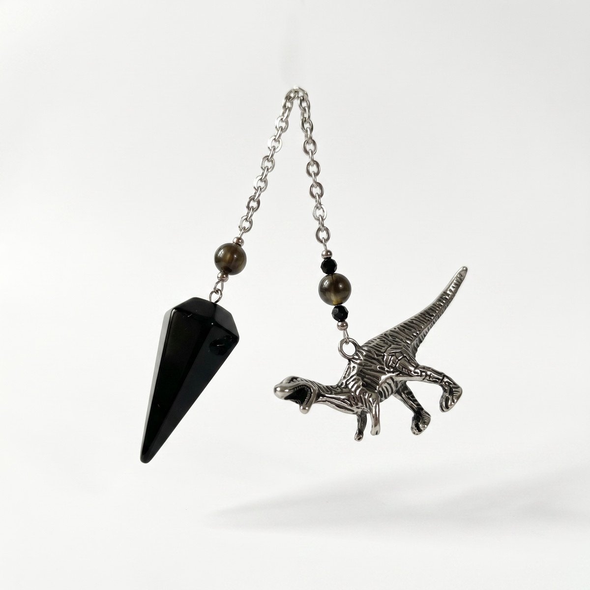 Velociraptor dinosaur dowsing pendulum, obsidian, smoky obsidian, onyx Baguette Magick