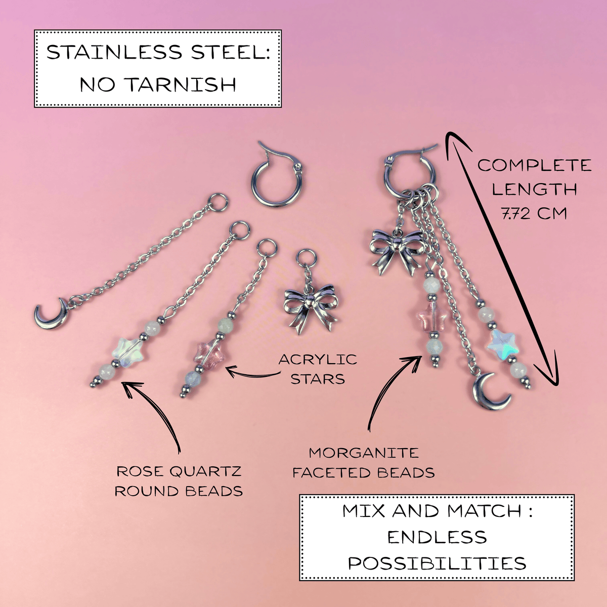 Mix & Match bow, moon and stars hoop earrings, morganite and rose quartz Baguette Magick