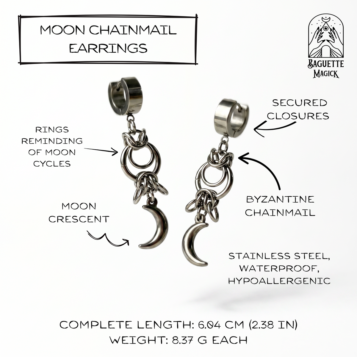 Celestial chainmail earrings, Byzantine weave and Moon crescent, stainless steel Baguette Magick