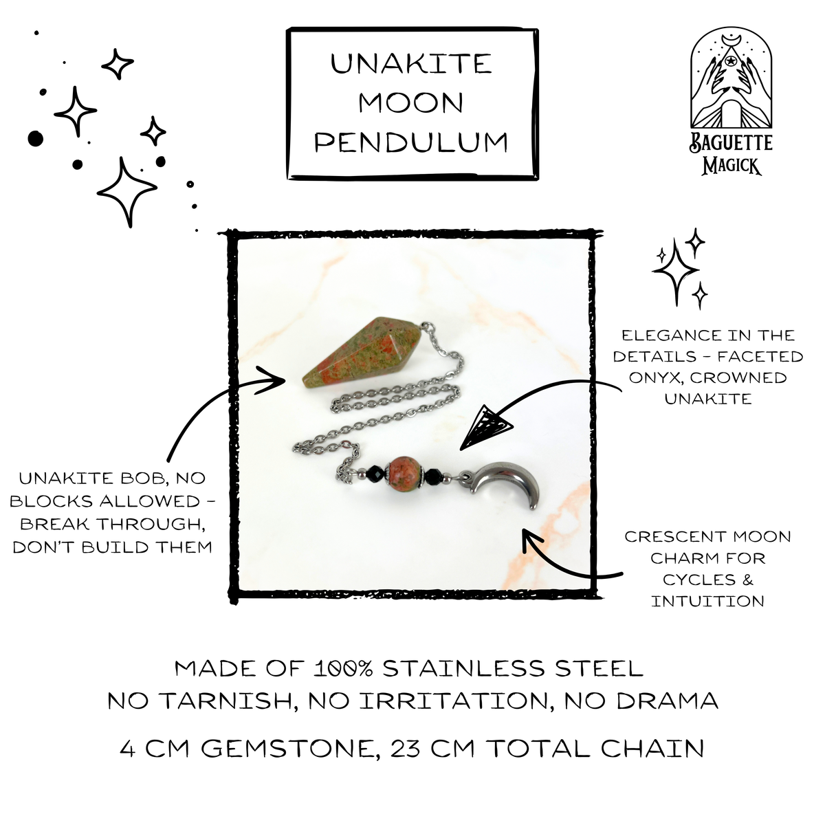 The Moonlight mystery pendulum, Unakite, Onyx, stainless steel Baguette Magick