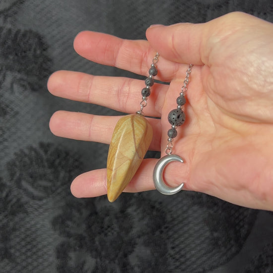 Divination pendulum picture jasper lava rock stainless steel with a crescent moon gemstone pendulum for dowsing fortune telling witchcraft