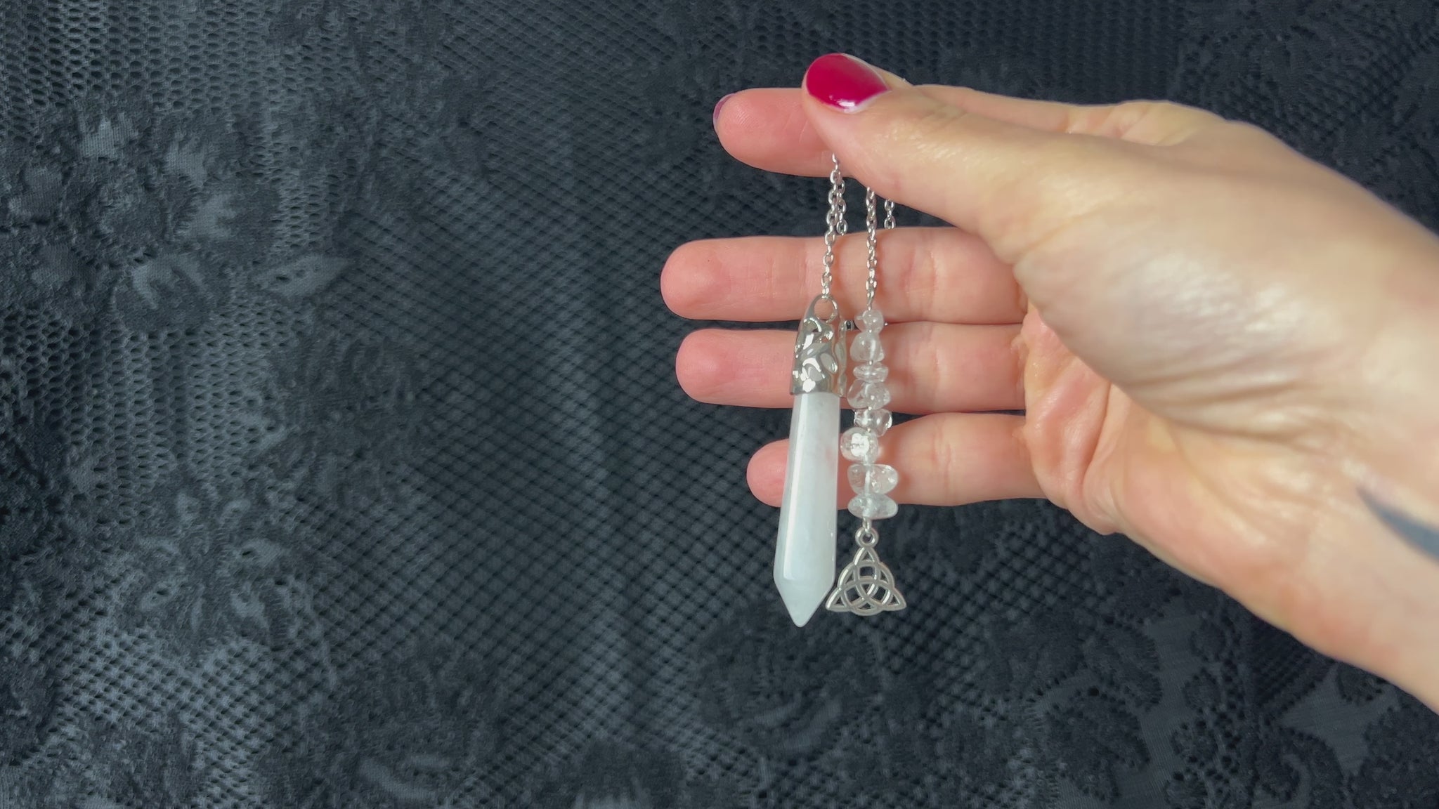clear quartz divination dowsing pendulum celtic knot triquetra baguette magick