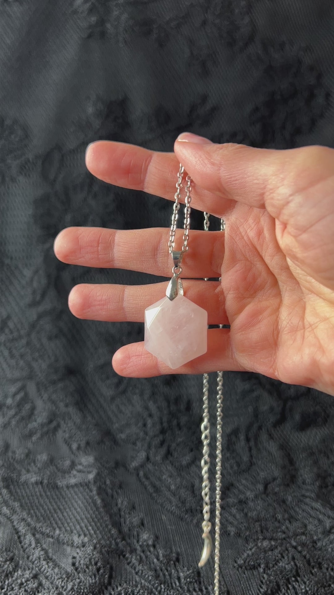 Gemstone hexagon necklace in lapis lazuli, rose quartz, quartz, amethyst or labradorite, crystal necklace with a crescent moon