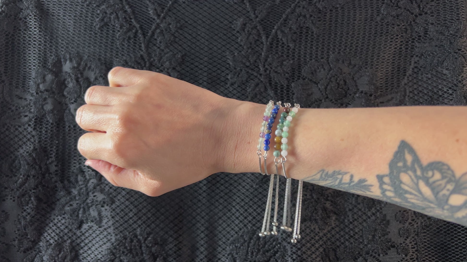 Gemstone slider bracelet stainless steel and fluorite, lapis lazuli, indian agate, or aventurine and rose quartz, gemstone bolo bracelet