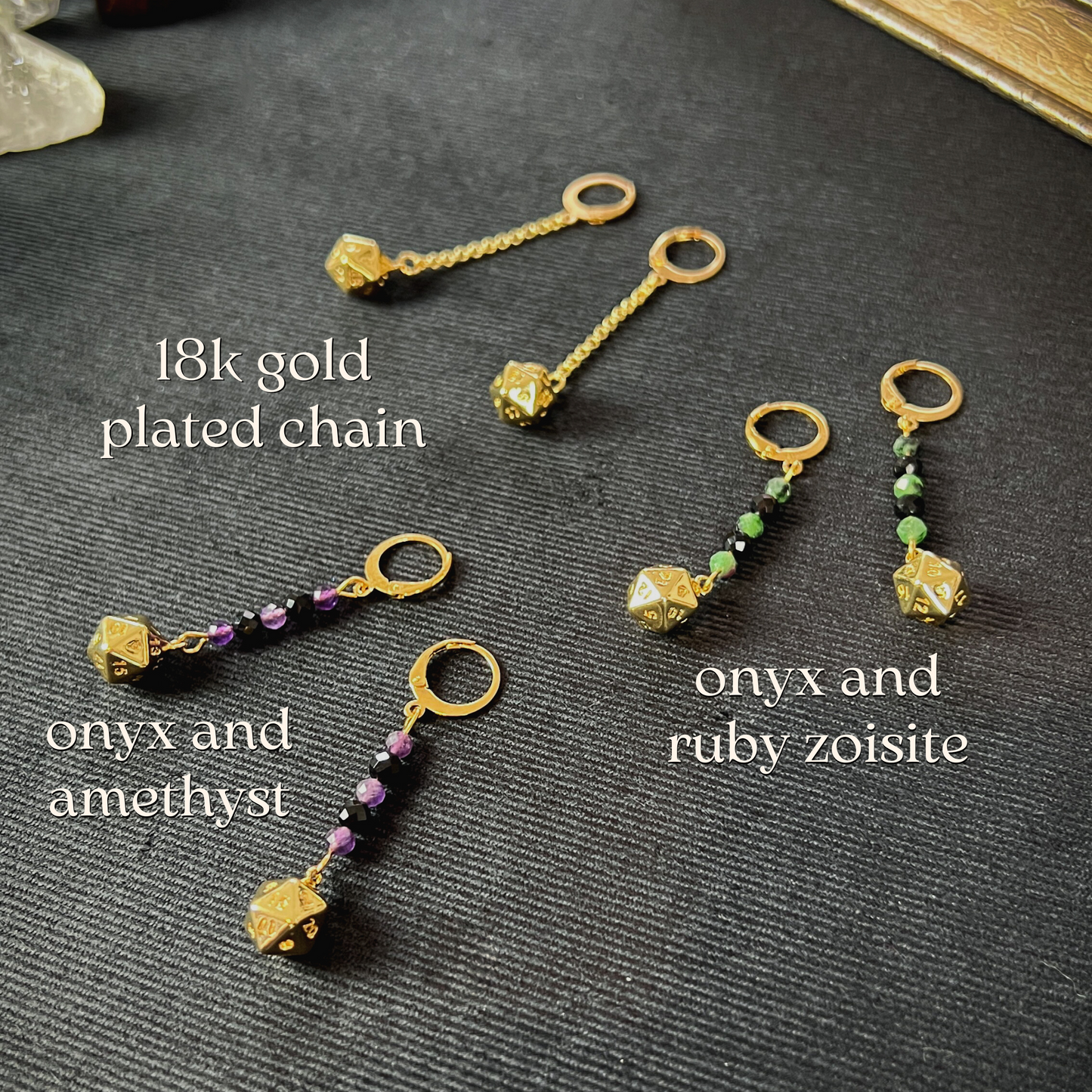 D20 dice roleplay earrings, stainless steel, 18k plated and gemstones Baguette Magick