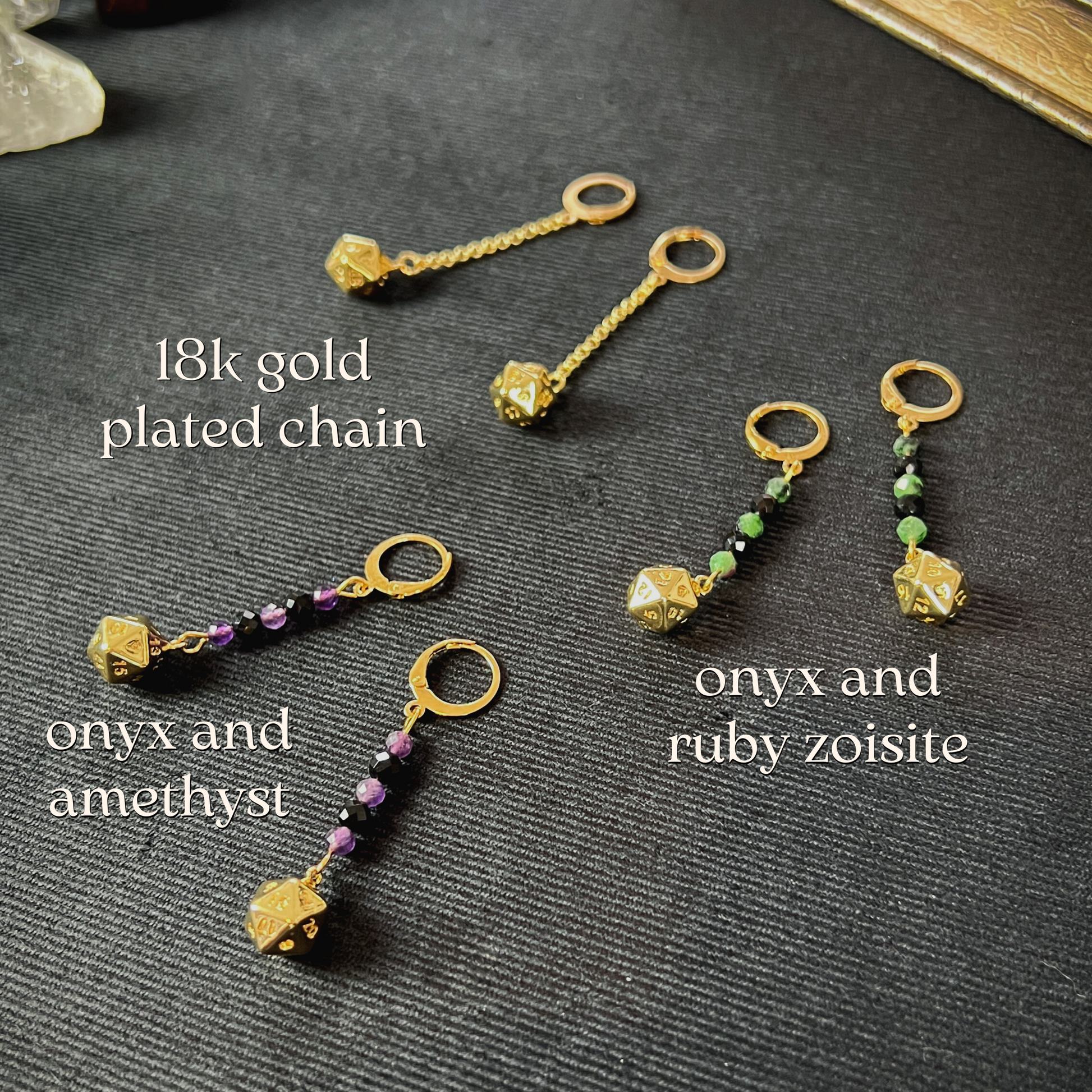 D20 dice roleplay earrings, stainless steel, 18k plated and gemstones Baguette Magick