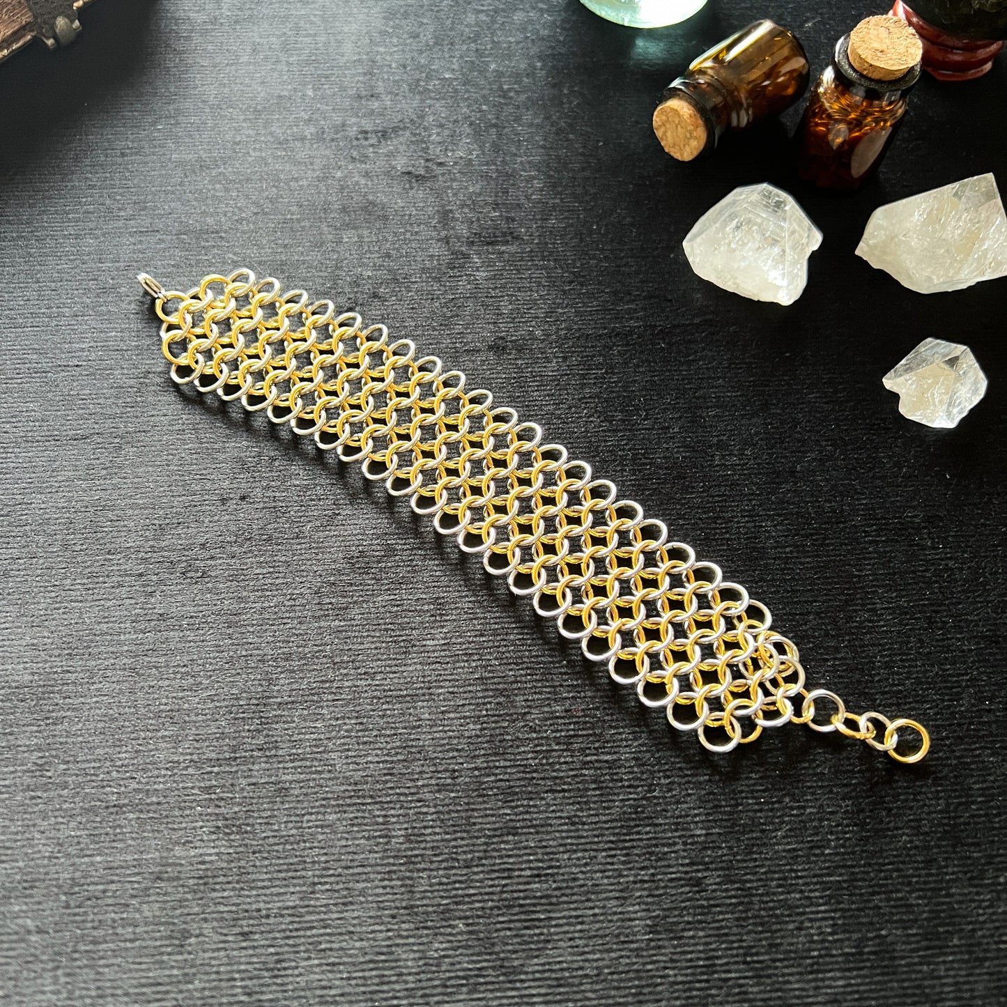 Chainmail bracelet European 4 in 1 stainless steel and 18k gold plated cuff Baguette Magick