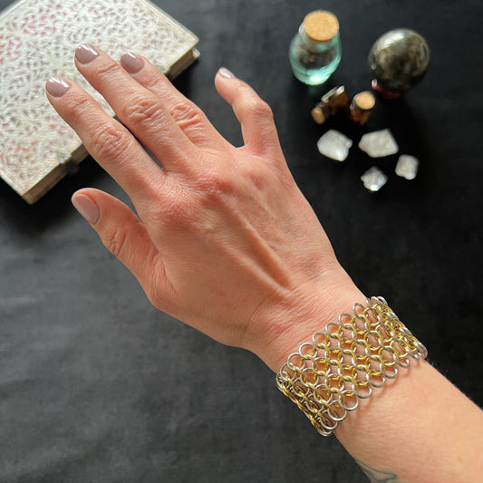 Chainmail bracelet European 4 in 1 stainless steel and 18k gold plated cuff Baguette Magick