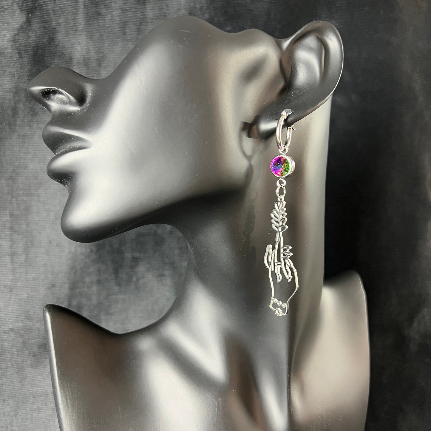 Witch hands earrings with colorful rhinestones made of stainless steel Baguette Magick