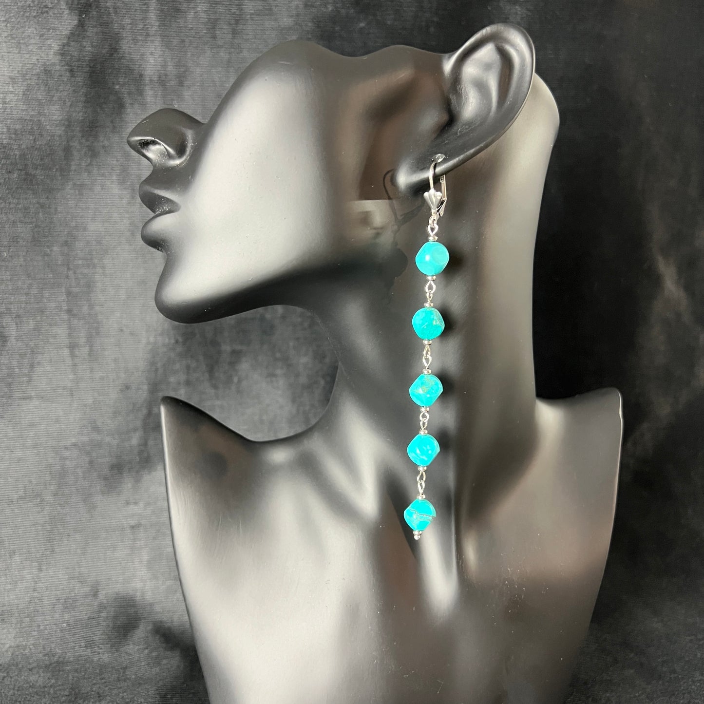 Long dangle & drop turquoise and stainless steel earrings Baguette Magick