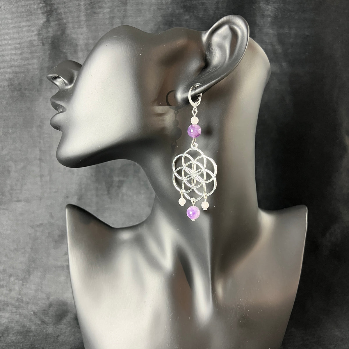 Big flower of life, rose quartz, and amethyst earrings Baguette Magick