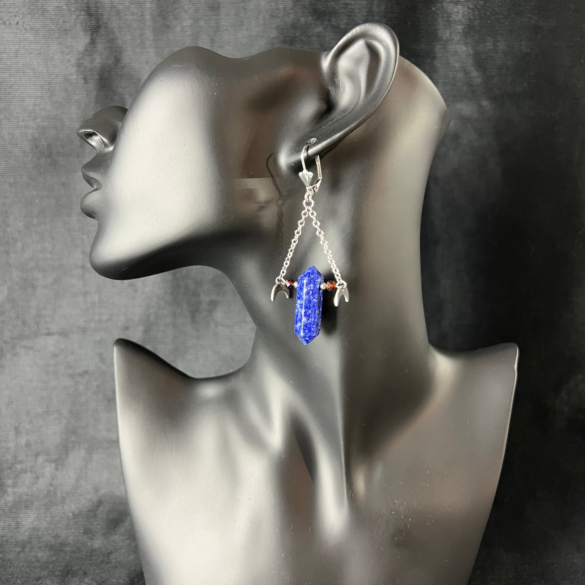 Lapis lazuli garnet and stainless steel gemstone earrings with Moon crescent Baguette Magick