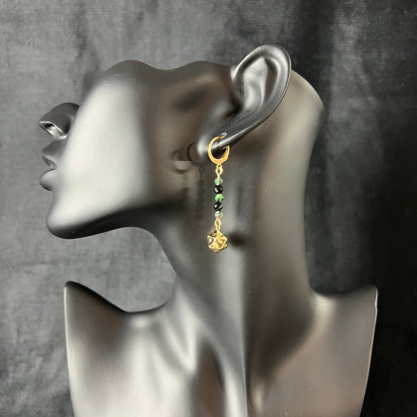 D20 dice roleplay earrings, stainless steel, 18k plated and gemstones Baguette Magick