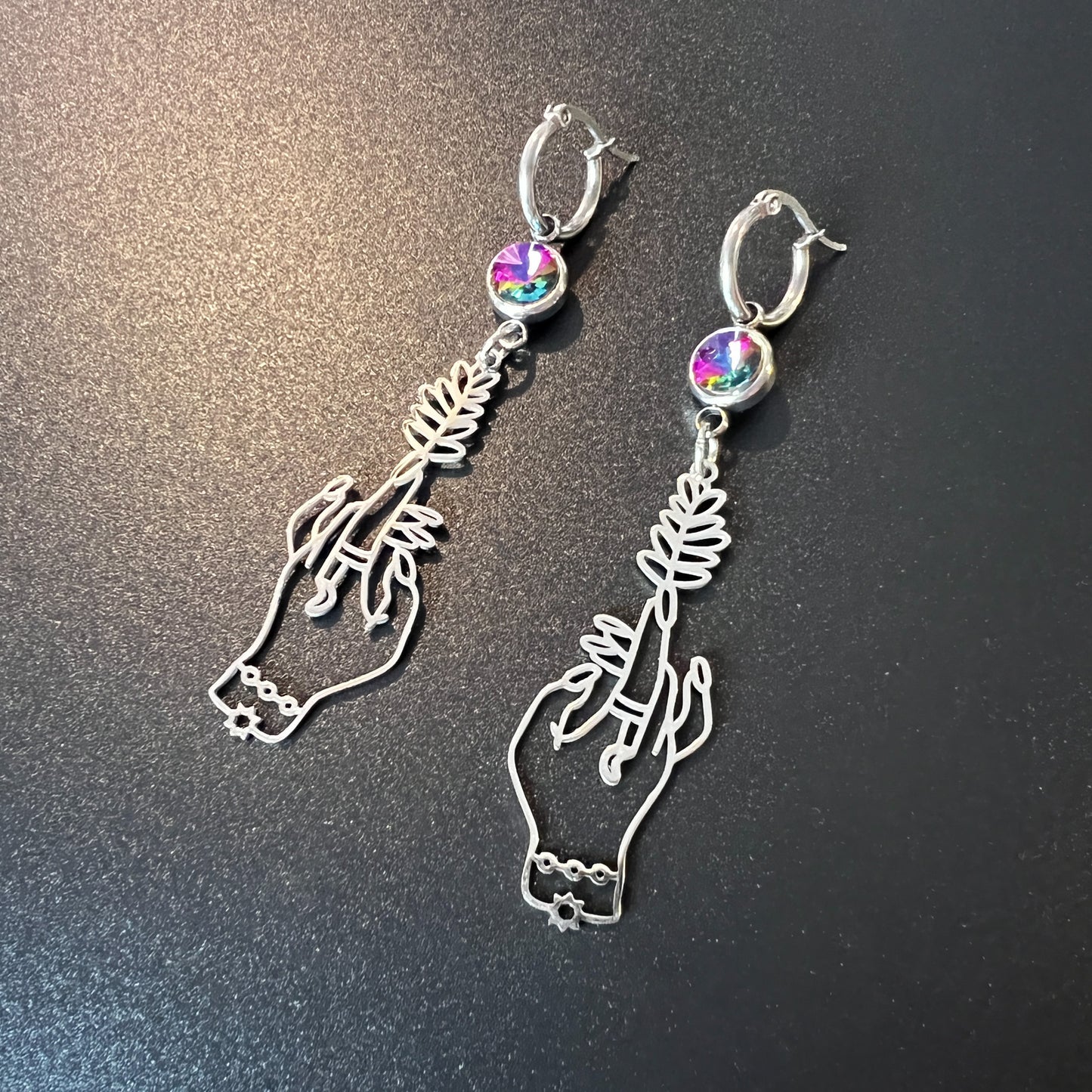 Witch hands earrings with colorful rhinestones made of stainless steel Baguette Magick