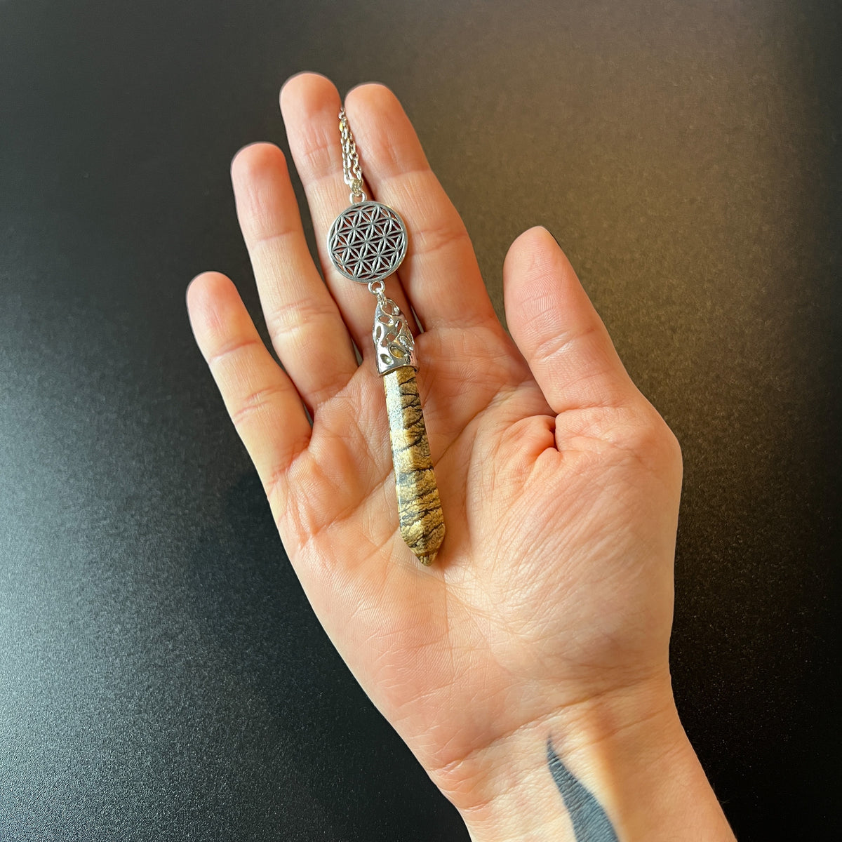 Picture jasper and flower of life divination pendulum necklace Baguette Magick