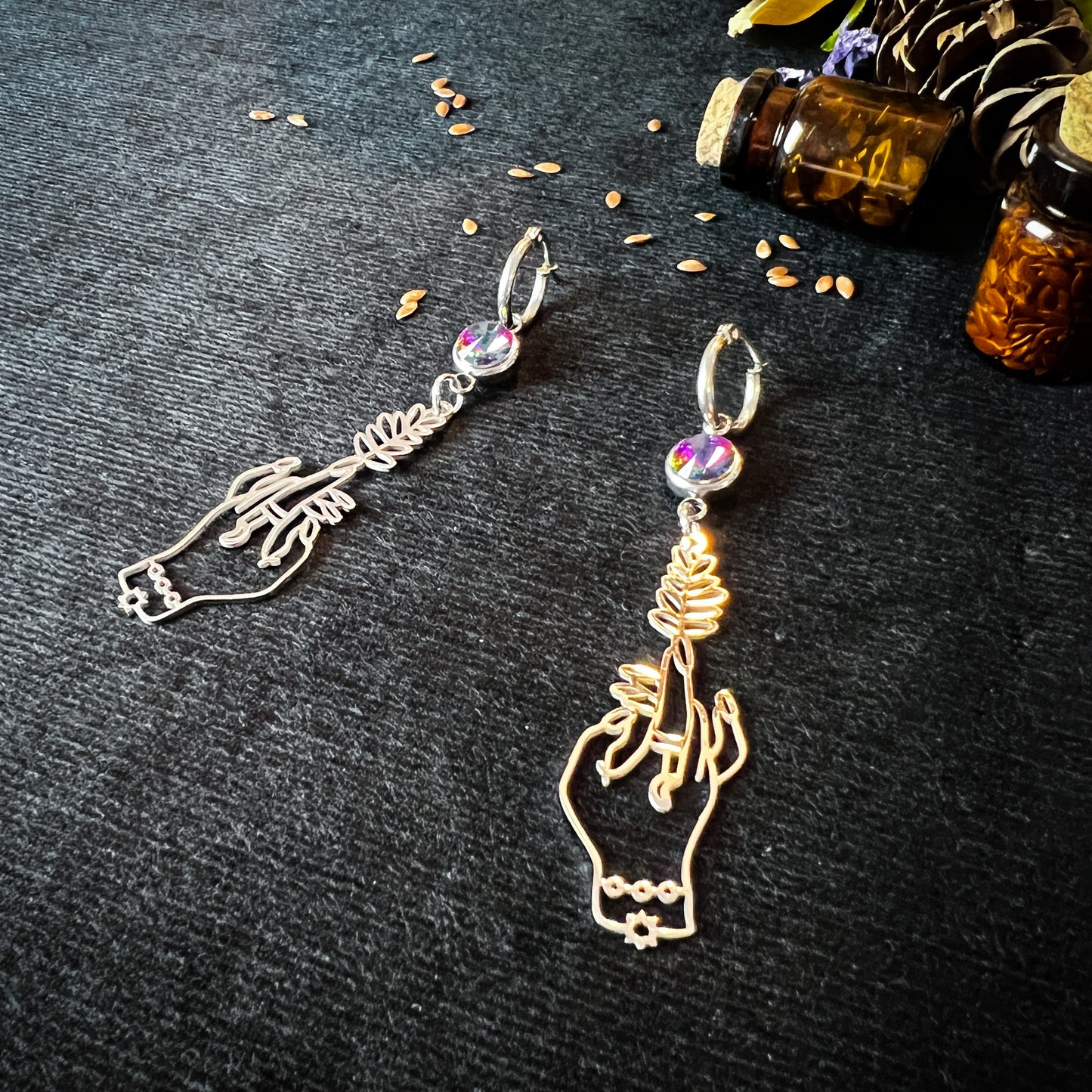 Witch hands earrings with colorful rhinestones made of stainless steel Baguette Magick