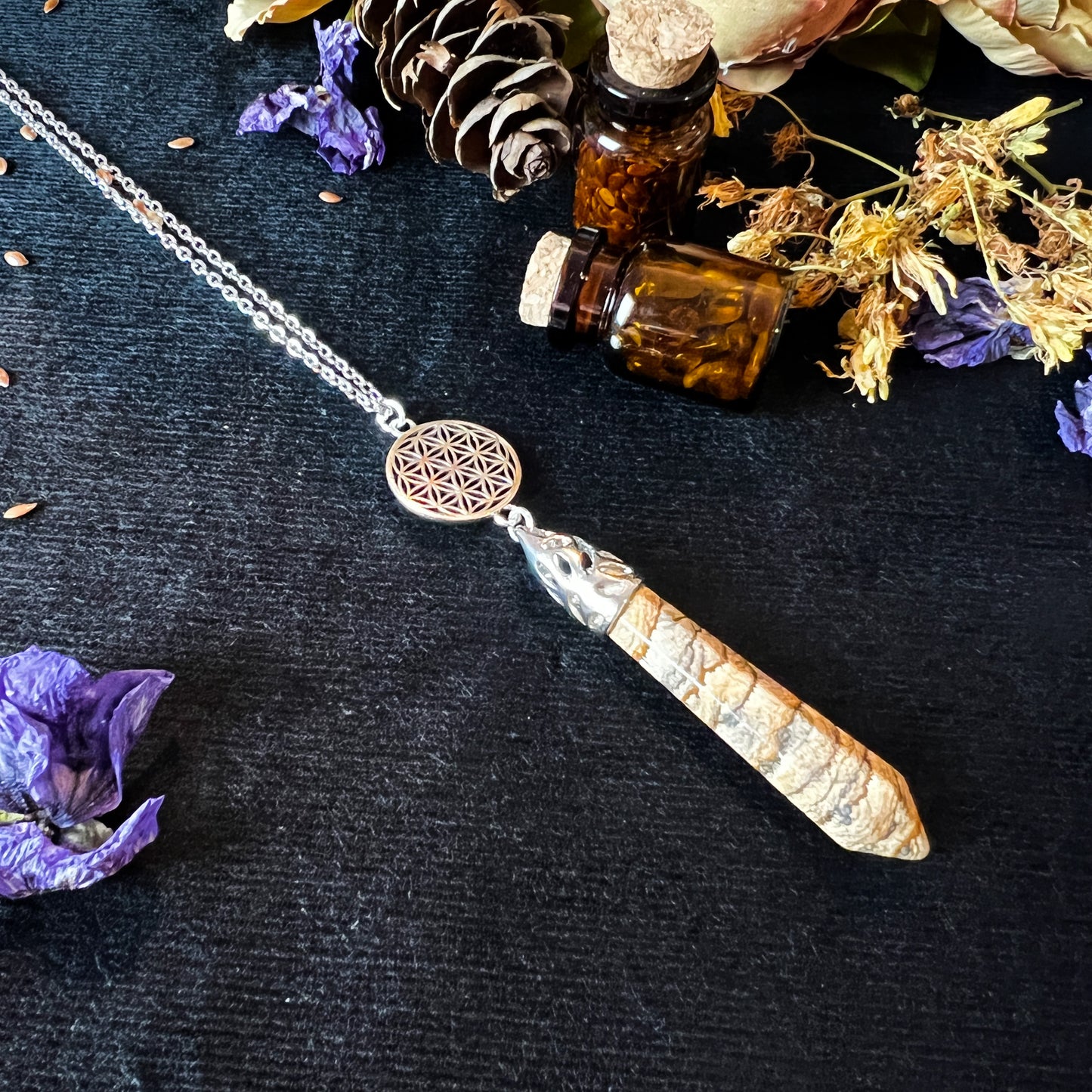 Picture jasper and flower of life divination pendulum necklace Baguette Magick