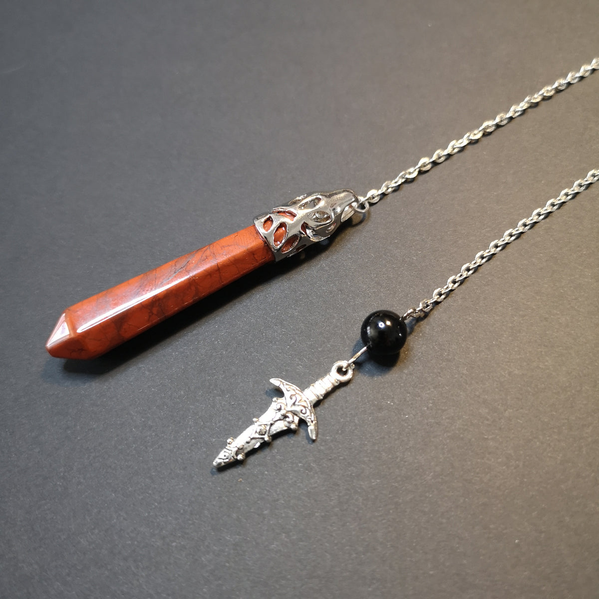 Red jasper and obsidian dagger pendulum Baguette Magick